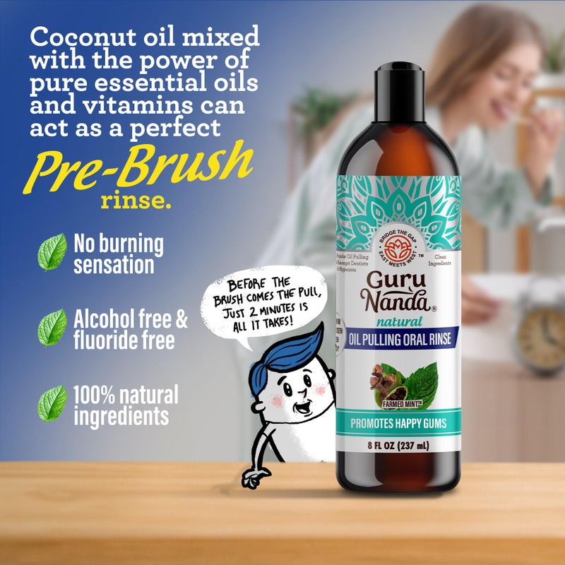 GuruNanda CocoMint Oil Pulling Mouthwash for Complete Oral Hygiene, 7 Essential Oils & Vitamins for Happy Teeth & Gums & Fresh Breath , Alcohol-Free, 8 oz - Image 3